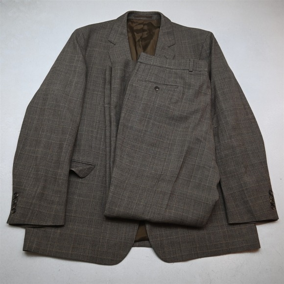 Bespoke 46L 42x32 Brown Glenn Check Plaid 100% Wool Mens Jacket Pants Suit